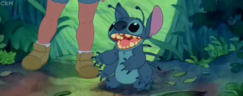 a gif of Stitch from Lilo & Stitch dancing excitedly